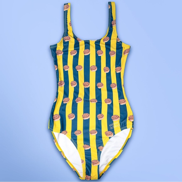 Yellow and black one-piece swimsuit with cinnamon roll pattern, size M - Picture 1 of 6
